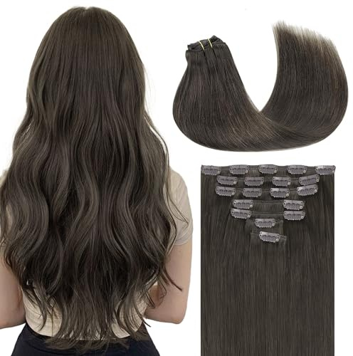 GOO GOO Clip in Hair Extensions Real Human Hair, Mocha Brown, 20 Inch | 120g 7pcs, Remy Human Hair, Double Weft, Hair Extensions Clip In, Silky Straight, Natural Looking Blend, #1C