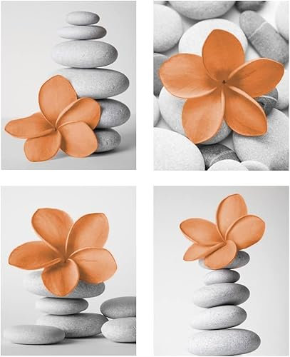 Genius Decor - Set of 4 Unframed Wall Art Prints for Bathroom Bedroom Wall Decor, Home Zen Art Orange Gray Flower and Pebble Stone Pictures Canvas Prints Minimalist Modern Decor, 11x14 inch Set of 4