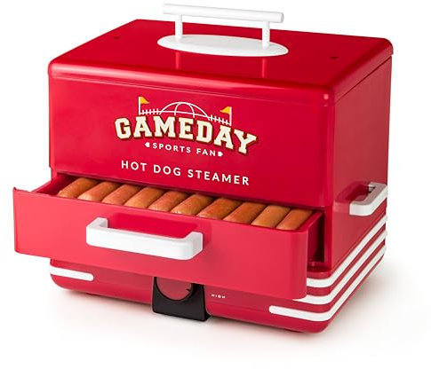 Nostalgia Game Day Hot Dog Streamer and Bun Wamer, Fits 20 Dogs and 8 Buns, Steams Pot Stickers, Veggies, Potatos, and Other Appetizers or Toppings