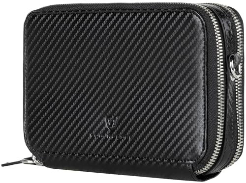 VON HEESEN Leder Geldbörse mit RFID-Blocker - Portemonnaie für Damen & Herren aus echtem Leder - Wallet mit Münzfach - Geldbeutel mit abnehmbarem Schultergurt für Frauen und Männer in Carbon Schwarz