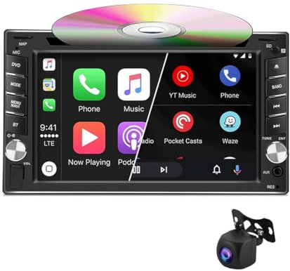 CarPlay inalámbrico y Android Auto estéreo para automóvil con reproductor de CD/DVD, 6.2 pulgadas 2 Din Radio para automóvil compatible con Bluetooth FM Mirror Link USB/TF/AUX+cámara de respaldo