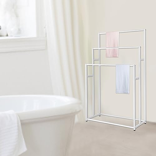 Porte-serviettes debout 75 x 25 x 110 cm - Grand porte-serviettes sur pied à 3 niveaux pour sécher les serviettes dans la chambre, la salle de bain ou la piscine - Blanc