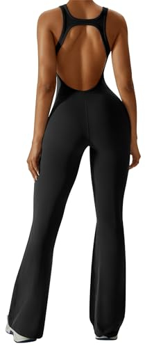 OEAK Damen Sport Jumpsuit Lang Eng Flare Jumpsuits Elegant Hosenanzug Ärmellos Yoga Overall Einteiler Ganzkörperanzug Weites Bein Romper Schlaghosen,H-Rücken Tiefschwarz,S