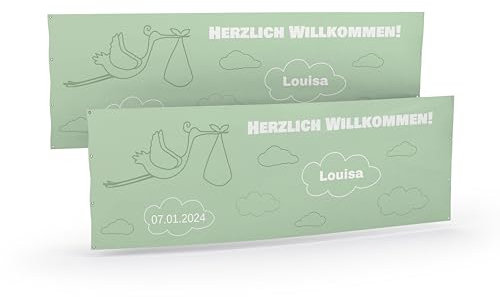 Banner zur Geburt personalisieren Herzlich Willkommen Plane mit Storch (50cm x 150cm) personalisiert für Mädchen und Jungs I Fahne selbst gestalten
