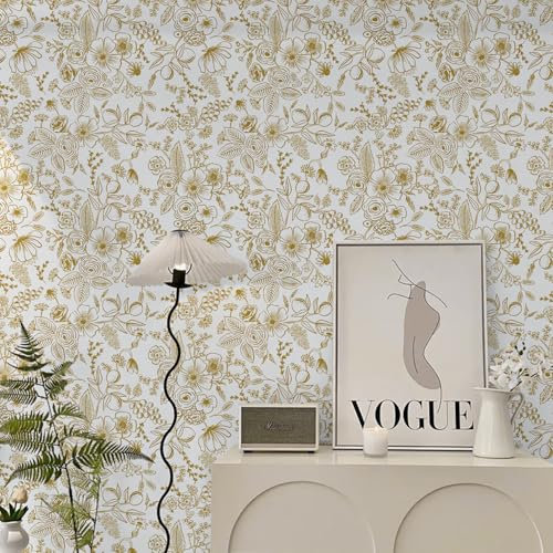 LiKiLiKi 44cm x 3m White and Gold Floral Wallpaper Vintage Self Adhesive Wallpaper Contact Paper Removable and Waterproof Wallpaper for Bedroom Living Room Peel and Stick Cabinet