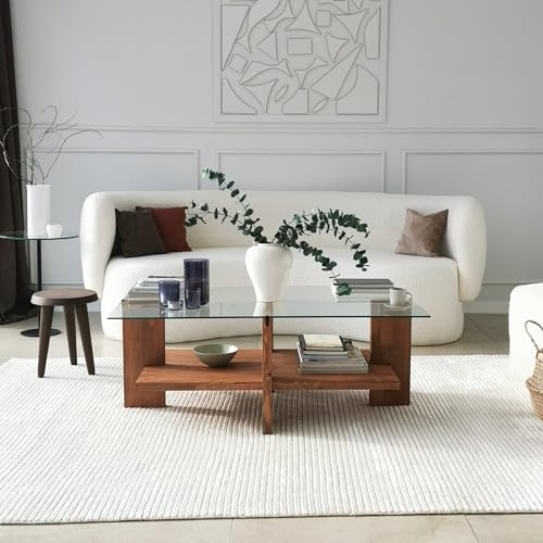 Locelso Couchtisch | Massivholzrahmen | Gehärtetes Glas | 105x40x60cm | Holz