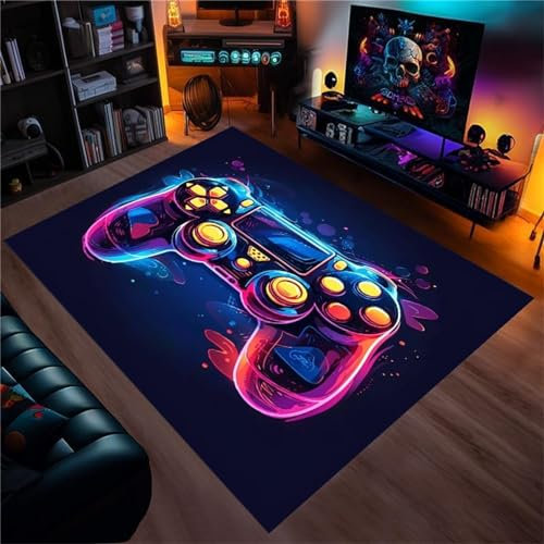 PEIHUODAN Gaming Teppiche Für Schlafzimmer Kinder Jungs Teenager Graffiti Coole Neon Game Gamepad 3D-Gedruckter Flanell Spiel Teppich Spielzimmer Jugendzimmer Home Decor Rug (Schwarz,100x150cm)