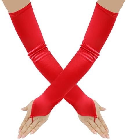 DAJISI Long Red Gloves, Stretchy Satin Fingerless Elbow Length Opera Gloves for Women, Dance Parties, Wedding, Tea Party, Cosplay Costume