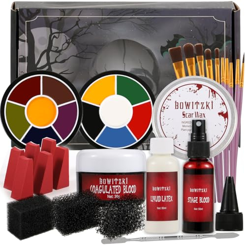 Bowitzki Kit de maquillage Halloween SFX à effet spécial, latex liquide + sang de croûte + sang en spray + 6 couleurs de peinture à base d'huile + roue de contusions SFX + cire pour la peau + éponges