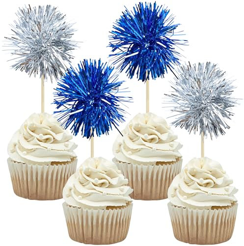 Gyufise 30Pcs Foil Firework Cupcake Toppers Sparkle Tinsel Cake Toppers Tinsel Drink Cake Decoration Cocktail Picks for Birthday Wedding Graduation Party Supplies Silver Dark Blue