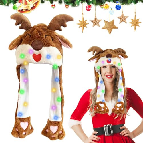Rentier Mütze Mit Beweglichen Ohren, Weihnachtsmütze Led Mit Rentier Ohren, Weihnachtsmann Plüsch Hut, Lustige Kopfbedeckung Weihnachten, Weihnachten Karneval Party Geschenk für Damen Mädchen Kinder