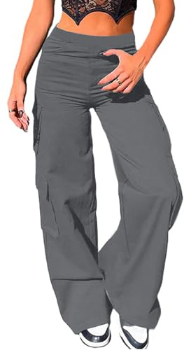 Nuofengkudu Cargohose Damen Weite Hosen Stretch High Waist Cargo Taschen Bootcut Schlaghose Damenhosen mit Gummizug Y2K Teenager Mädchen Arbeitshosen Outdoor