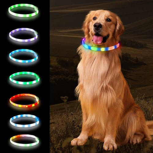 LED Hundehalsband 7 Farben 9 Leuchtmodi Typ C- aufladbares leuchtendes Halsband- Regendicht Leuchthalsband Hund extra große Batteriekapazität 650mAh mit bis zu 13+ Stunden Leuchtzeit, Länge schneidbar