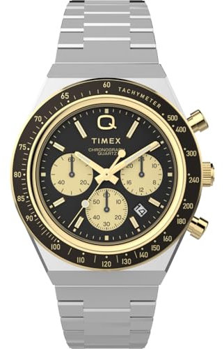 Timex Herrenuhr Q Herrenuhr Edelstahl vergoldetes Stahlgehäuse Quarzwerk schwarzes Zifferblatt schwarzes Armband vergoldetes Stahlarmband mit Faltschließe 5 ATM