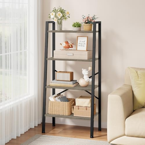 Hoctieon 4-Tier Industrial Ladder Bookshelf, Narrow Ladder Shelf, Tall Standing Bookshelf, Skinny Open Ladder Shelf, for Living Room, Home Office, Kitchen, Bedroom, Metal Frame, Greige