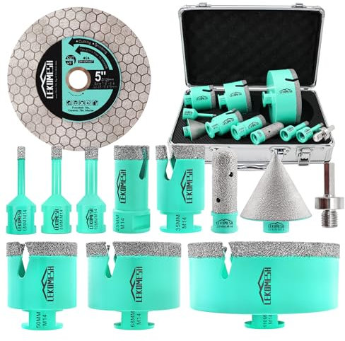 LEKOMESH Tile Hole Cutter Set-(6/8/10/25/35/50/68/110mm+20mm Finger Bit+50mm Chamfer Bit+HEX Adapter+Saw Blade) Diamond Hole Saw Kit for Porcelain Tile Ceramic Marble Brick Concrete M14 Thread
