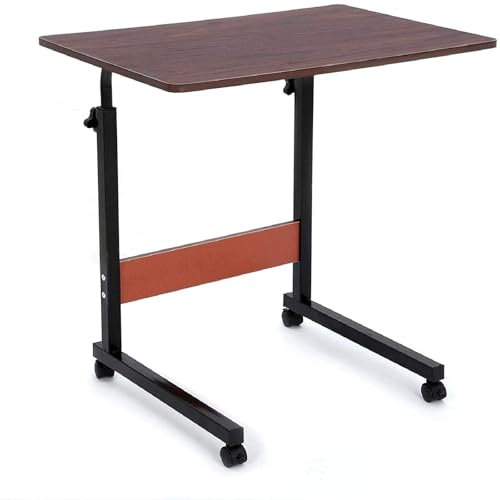 CROWNSHOP Height Adjustable Mobile Table 40x60(70-80) cm Side Table Workstation Laptop Overbed Multi Table with Metal Frame Rolling Castors - Dark Wood Color