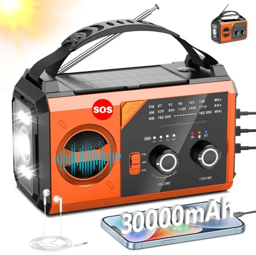 Radio meteorológica AM/FM NOAA de 30000 mAh con cargador de teléfono celular, radio solar con linterna LED, carga USB, brújula, alarma SOS para acampar y supervivencia (naranja)