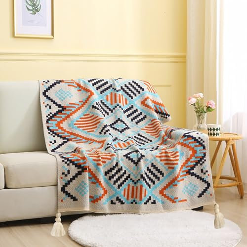 QTQHOME Aztec Plaid Navajo Southwest Decke Gestrickte Decke mit Quasten für Sofa Stuhl Sofa Outdoor Reise Camping Strandbett (52 x 67 Zoll, A)