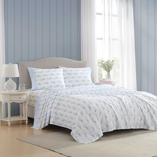 Laura Ashley Bettwäsche-Set für Queensize-Betten, atmungsaktive Perkal-Baumwoll-Bettwäsche mit passenden Kissenbezügen, Fadenzahl 200, tiefe Taschen, Chic Room Essentials (Blumenband, Blau, King-Size)