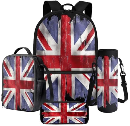 Xoenoiee Union Jack Pattern 4Pcs Backpack Set with Thermal Lunch Bag, Water Bottle Holder, Pencil Case, Back to School Supplies for Kids