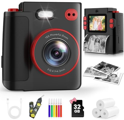 MYSTILUCK Kids Camera Instant Print, 1080P Instant Camera for Kids, Children Digital Cameras with 32GB Card & 3 Rolls Photo Paper, Christmas Birthday Gifts Toys for Boys & Girls Aged 3-12(Black)