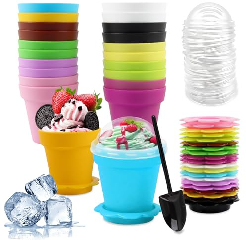 Shyllin 22 Stück Wiederverwendbare Dessertgläser Plastik mit Löffeldeckel 180 ml,11 Farben,Eisbecher,Speisebecher,Eis Schüssel Set,Geeignet für Eis, Desserts,Snacks und Party-Essen