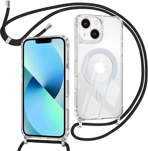 ZYIMOU Coque pour iPhone 13 / iPhone 14 avec Cordon Compatible avec MagSafe, Housse Magnétique Transparente Étui avec Collier Réglable Résistant Silicone Case, Chaîne Noir