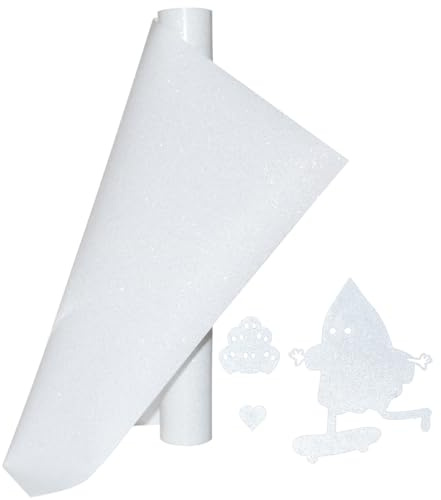 Weiß Glitzer Plotterfolie Textil Glitzer Heat Transfer Vinyl 30.5x152cm Plotter Flexfolie für Cricut und Silhouette Cameo, Textilien Transferfolie zum Aufbügeln für DIY T-Shirt, Stoffe