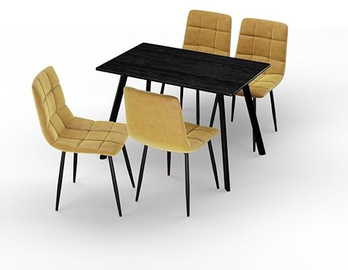 URBNLIVING 110cm Dining Table & 4 Velvet Chairs Set – Modern Metal Frame Kitchen Furniture, Contemporary Dining Room Set - Black Wood Table Curry Yellow Chair