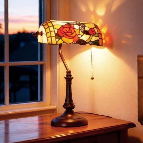 HOMCOM Tiffany-Style Glass Table Lamp Rose Butterfly Design Handcrafted Red | Antique Bedside Lamp, Dual Switch Control, Living Room Bedroom, E27 Socket, No Assembly Required