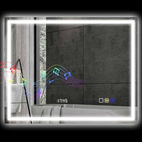 HOMCOM Badspiegel mit Beleuchtung 100x80 cm LED Spiegel Uhr Silber | Wandspiegel, Bluetooth-Musikfunktion, Memory-Funktion, 3 Lichtfarben, Beschlagfrei, Touchschalter