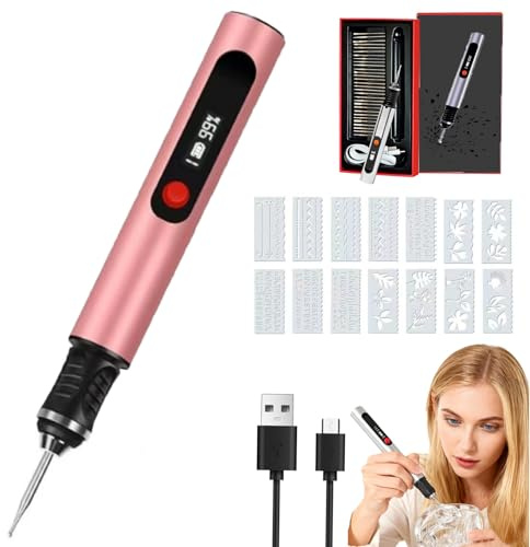Gravierstift PRO, Inklusive 30 Bits und 16 Schablone, Kabelloser Tragbarer Gravierstift, Gravieren Sie über 50 Oberflächen, Engraving Pen, Anfängerfreundlich, Wiederaufladbar (PINK)