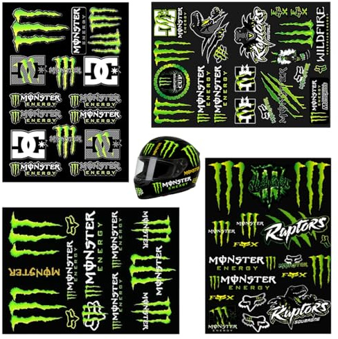 4 Pezzi Adesivi Monster Energy per Casco Moto, Impermeabili Adesivi Motocross per Casco, Personalizzabili Sticker Moto, Resistenti Allo Sbiadimento Motocross Grafiche per Skateboard Auto Motociclette