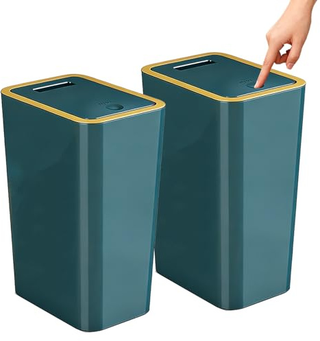 Stowetry 2 Pack 9L Bedroom Bin,Plastic Bathroom Bin with Lid | Slim Push Button Thin Trash Can,Dog Proof Narrow Garbage Can for Bathroom,Bedroom,Living Room,Kitchen,Toilet,Office (green)