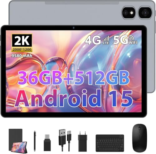 Android 15 Tablet 11 Pollici, 2K Tablet con Tastiera e Mouse, 36GB RAM + 512GB ROM + TF 2TB, 4G LTE SIM + 5G WiFi, Octa-Core/2000 x 1200 IPS/8MP+13MP/9580mAh/BT5.0/Widevine L1/GPS, Grigio