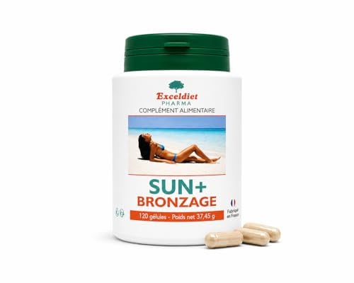 Gélule bronzage | Bixa, Carotte, Bourrache, Haematococcus, Béta-carotène, Vitamine C, E, A | Sun + 120 Gélules - Teint Hâlé, Peau Nourrie | Prépare, Active & Prolonge le Bronzage | Fabriqué en France
