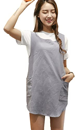 Weiche Schürze aus Baumwollleinen, Einfarbig, überkreuzte Träger am Rücken, X-Form im japanischen Stil, zwei Taschen, runder Rocksaum, Küche, Kochen, Koch, angenehm im Sommer hellgrau