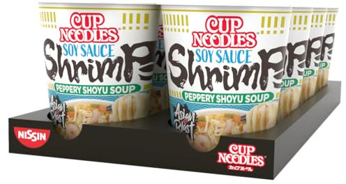 Nissin Cup Noodles – Soy Sauce Shrimps, 8er Pack, Soup Style Instant-Nudeln japanischer Art, mit Schrimp-Geschmack, Soja Sauce & Gemüse, schnell im Becher zubereitet, asiatisches Essen (8 x 63 g)