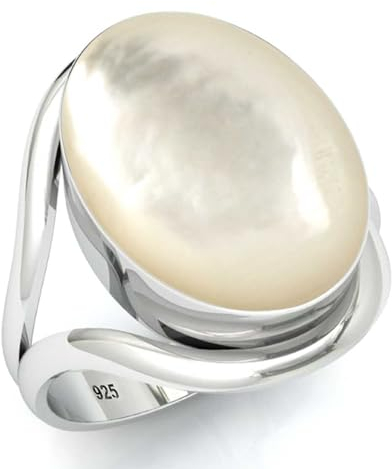 Jeweloporium 925 Sterling Silber Ringe für Frauen Größe 57(18.1) Weiß Echt Perlmutt mit Stein Jahrgang Silber Ringe Freundschaftstag Geschenk Solitär Schmuck