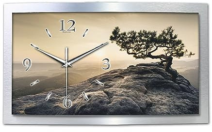 Kreative Feder 3D Designer-Wanduhr Einsamer Baum in modernem Metallic-Design; leise Funkuhr mit Motiv wahlweise in Zwei Größen (Einsamer Baum, 50x30cm; leises Funkuhrwerk)