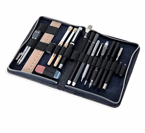 Exklusives Federmäppchen Stifte-Etui, Größe L, aus Büffel-Leder, Blau-Schwarz, Jahn-Tasche 014