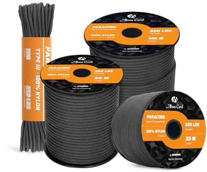 Abma Cord Paracord 550 4mm 30M 100% Nylon Seil Typ III Schnur mit 7 Kern für Basteln, Camping, Survival, Outdoor - Max. 250kg (550lbs) - Schwarz