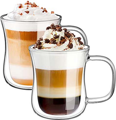 ecooe Doppelwandige Latte Macchiato Gläser Borosilikatglas Kaffeetassen Glas 2er Set 240ml Kaffeeglas Teegläser mit Henkel für Cappuccino,Tee,EIS,Milch,Bier
