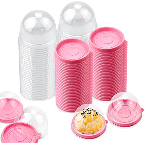 Pralb 100 Set Clear Plastic Mini Cupcake Boxes Muffin Pod Dome Muffin Single Container Box Wedding Birthday Gifts Supplies,3.1“ X 2” for Cheese Pastry Dessert Mooncake (round, pink)