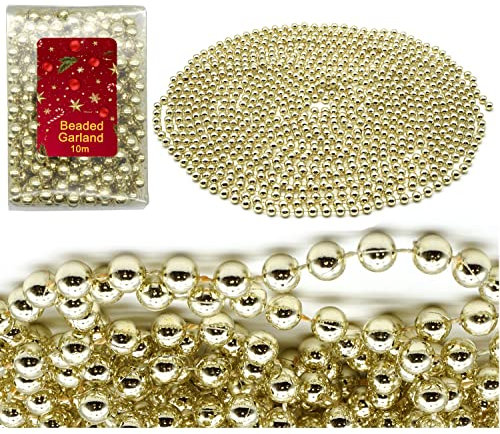 10M Christmas Bead Garlands, Shiny Pearl Beads Chain Plastic, Christmas Garlands for Xmas Tree Decorations (1Pk- Champagne Gold)