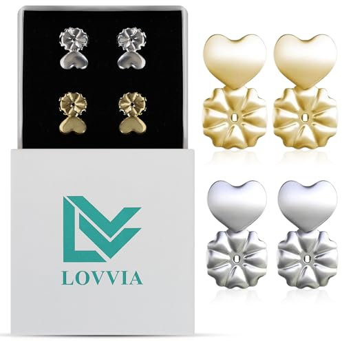 LOVVIA Cierres elevadores de pendientes, Tuercas lóbulos rasgados, Levantadores orejas caídas, Hipoalergénicos, 2 Pares Ajustables, Plateado y dorado
