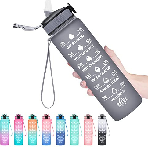 HYETA 32 OZ Water Bottle with Times to Drink and Straw, Motivational Time Marker Water Bottles with Strap, Leakproof & BPA Free, Gym & Outdoors, Grey Matte | Motivational Tritan BPA Free Gym Office Outdoor Intake Tracker Hourly Reminder Straw Lid Carry Strap