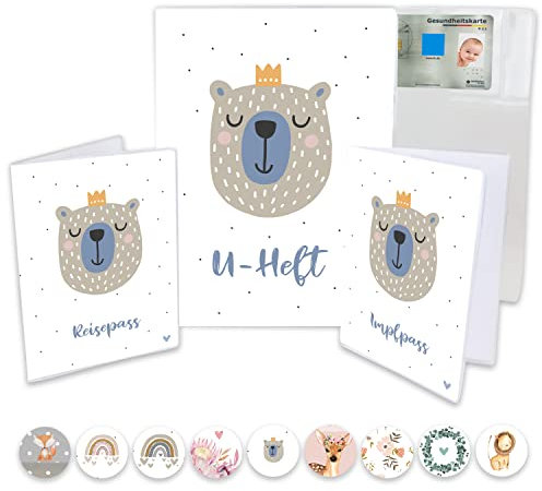 Minilino U Heft Hülle 3-teiliges Premium Set für Impfpass, Reisepass [ SCHÜTZT VOR STAUB ] Organizer für Untersuchungsheft und Reiseunterlagen | für Jungs, König Bär