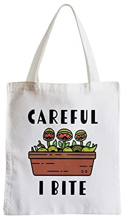Fabulous Large Canvas Tote Shopping Bag Careful I Bite Venus Trap Fly Plants Pot Gardening